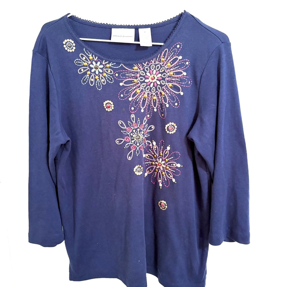 Alfred Dunner Floral Embellished Blue Blouse